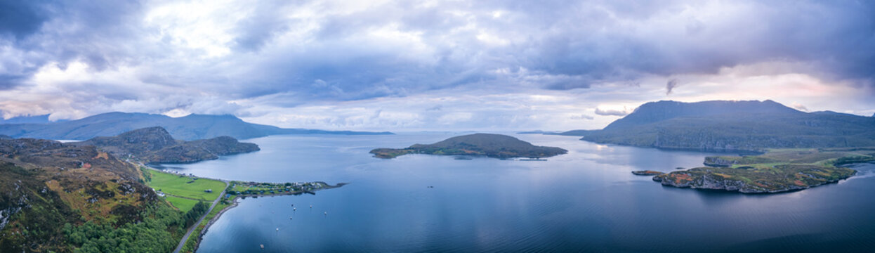 Panorama of Sunset over Ardmair, Isle Martin and Loch Canaird, Ullapool, Loch Broom, West Scotland, UK