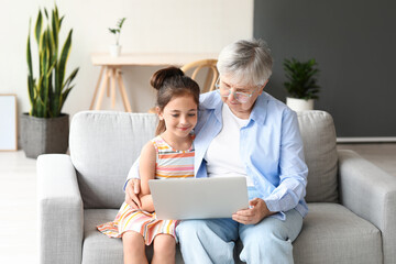 Little girl with her grandma using laptop at home