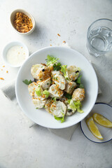 Homemade potato salad with onion crunch