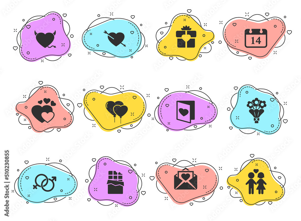 Poster valentine day glyph vector icons on color bubble shapes isolated on white background. valentine day 