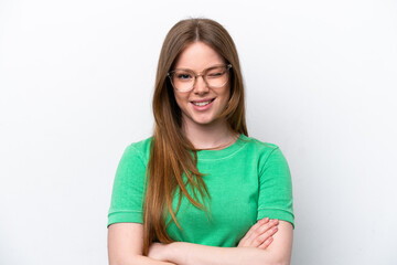 Young caucasian woman isolated on white background With glasses and happy expression