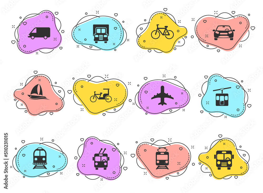 Poster vehicle glyph vector icons on color bubble shapes isolated on white background. vehicle icon set for