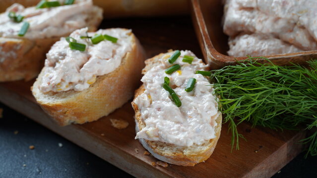 French baguette with or Sandwiches with smoked salmon and soft cream cheese pate or mousse