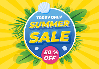 Summer Sale banner, hot season discount poster with tropical leaves. Special offer card, template for design background.