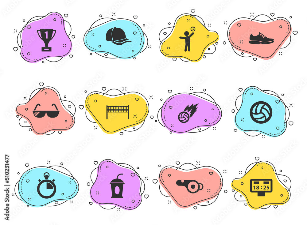 Poster volleyball glyph vector icons on color bubble shapes isolated on white background. volleyball icon s
