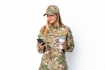 Military woman isolated on white background holding coffee to take away and a mobile