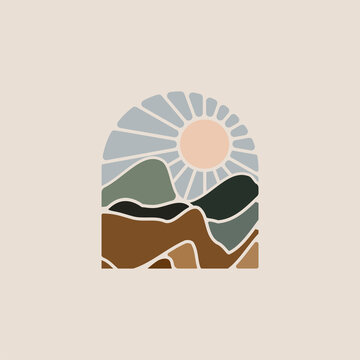 Minimalistic mountains landscape with sunset badge or logo or sticker design template in pastel earth colors. Vector illustration