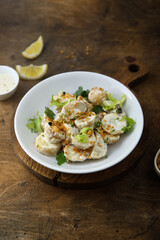 Homemade potato salad with onion crunch
