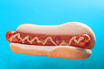 hot do with mustard and ketchup on a blue background