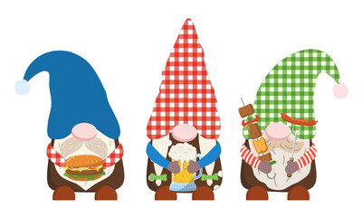 Summer barbecue gnomes holding burger, beer, and roasted sausage and kebab. Isolated on white background. Summer holiday design.