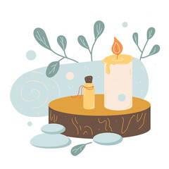 Spa relax Eco beauty product with candle on the wood Natural organic skin care with herbs for body