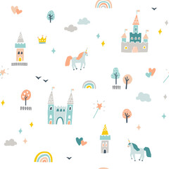 Cute fairytale pattern with castles and unicorns