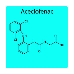 Aceclofenac molecular structure, flat skeletal chemical formula. NSAID drug used to treat osteoarthritis, pain, rheumatoid arthritis, ankylosing spondylitis. blue background Vector illustration.