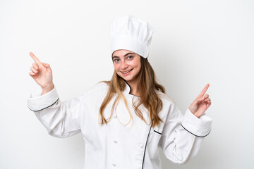 Young caucasian chef woman isolated on white background pointing finger to the laterals and happy