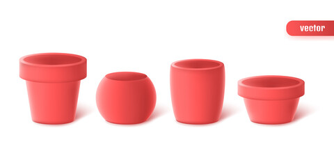 Set of pots in different shapes. Realistic red ceramic flower pots isolated on white background. Vector illustration