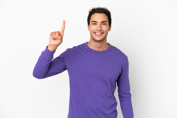 Fototapeta premium Caucasian handsome man over isolated white background pointing up a great idea