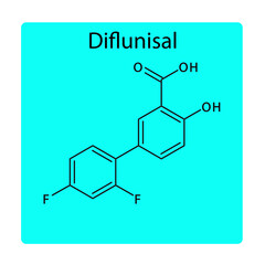 Fototapeta premium Diflunisal molecular structure, flat skeletal chemical formula. NSAID drug used to treat pain, osteoarthritis, rheumatoid arthritis. blue background Vector illustration.