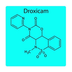 Droxicam molecular structure, flat skeletal chemical formula. NSAID drug used to treat rheumatoid arthritis, osteoarthritis. blue background Vector illustration.