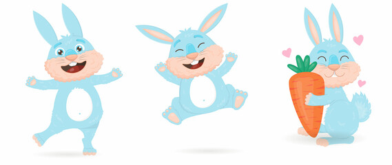 Naklejka premium Collection of cute blue cartoon rabbits. The rabbit hugs a big carrot, dances, jumps for joy
