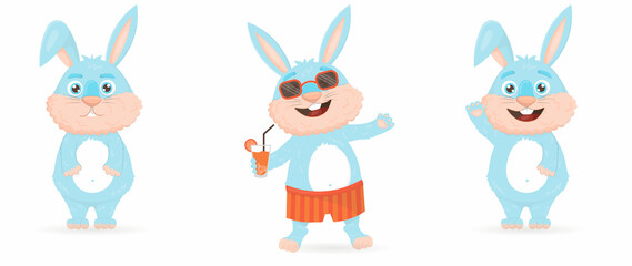 Collection of cute blue cartoon rabbits. Rabbit in sunglasses and swimming trunks stands and waves