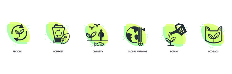 Thin lines icons set of ecology nature and environment conservation, recycle, compost, diversity, global warming, botany, eco bags 
