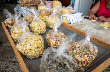 Bari,Puglia,Italy.August 2021. Close-up image on the bags of orecchiette produced and sold by the...
