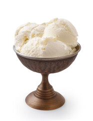 Ice cream in vintage metallic bowl isolated. Ice cream on white background.