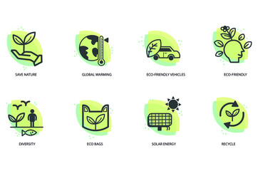 eco icon set, save nature, global warming, eco friendly, diversity, eco bags, solar energy, recycle 