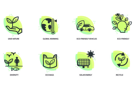 eco icon set, save nature, global warming, eco friendly, diversity, eco bags, solar energy, recycle 
