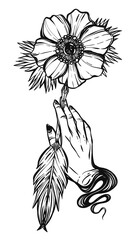 Vector illustration. Feather Quill Pen, write in ink. Handmade, stickers, postcard