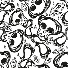 Vector illustration.Skull, crystal, abstraction. Handmade, light  background, seamless pattern