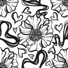 Vector illustration. Heart, white anemones flowers, abstraction. Handmade, light  background, seamless pattern