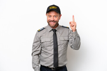 Middle age security man isolated on white background showing and lifting a finger in sign of the...