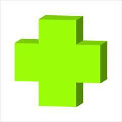 Green cross. 3d Cross symbol of safety guidance. Green plus sign. Vector illustration EPS10. Safety guidance sign mark, green cross isolated on a white background.