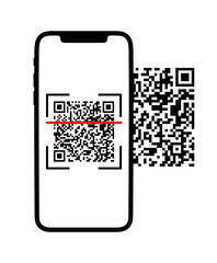 Scan of qr code by phone icon. Phone scanning qrcode. Mobile smartphone with barcode scanner app logo in line. Qr code camera reader in telephone illustration. Vector. Screen with scanner bar