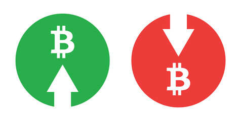 Icons of up and down arrows with money of bitcoin. Bitcoin increase and down of stock price. Symbol, sign of growth and decrease of bitcoin cash cost and rate on market. Vector