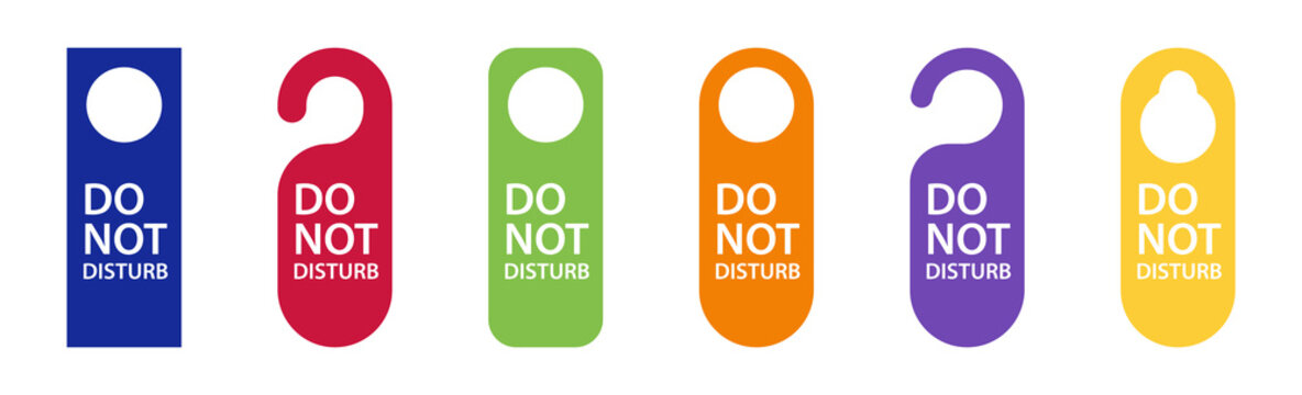Door hanger for hotel. Do not disturb sign, hanger for handle hang. Tag, card icon with dont disturb label template for room knob. Paper warning of closed, lock, sleep, busy and quit for room. Vector