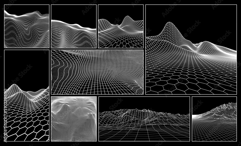Aufkleber wireframe landscape backgrounds set. eps 10 vector illustration. terrain digital topography wirefram