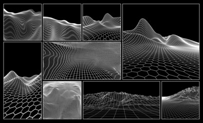 Fototapeta na wymiar Wireframe landscape backgrounds set. EPS 10 Vector illustration. Terrain digital topography wireframe. Mountain data wireframe modelling map.