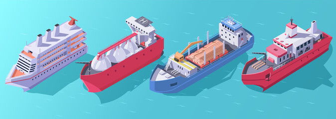 Ocean cargo transport ships isometric. Sea vessel type 3d. Logistic ship icons set. Marine cruise liner. Oil tanker export. Gas carrier import barge. Water shipment crane container vector illustration © GN.STUDIO