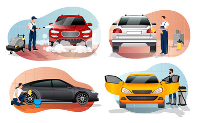 Car wash workers logo. Carwash icons. Auto cleaning worker in uniform drying black automobile with cloth. People washing vehicle and man with vacuum cleaner cleaning colorful cars. Vector illustration