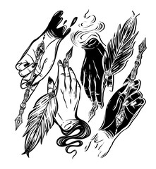 Vector illustration. Fountain pen hand, write in ink. Stickers, handmade, postcard