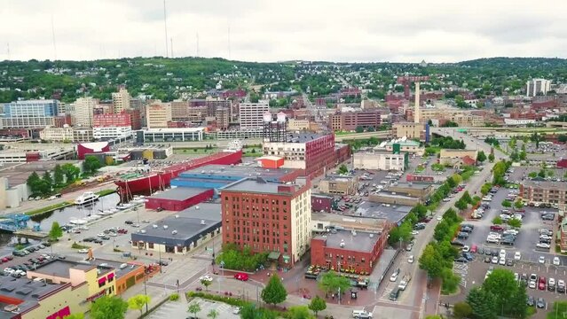 Aerial flying over Duluth, Minnesota, Downtown, Amazing Landscape, Drone View