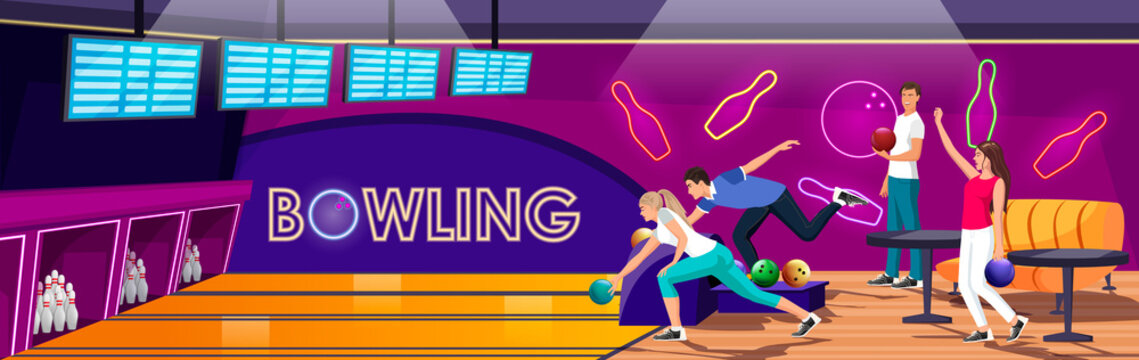 People playing in bowling club. Woman and man playing bowling in hall with alleys. Girls enjoy of game. Scoreboard screens. Players entertainment activity, Friends on recreation. Vector illustration