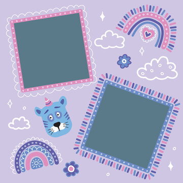 Kids style photo frames with cat rainbow clouds