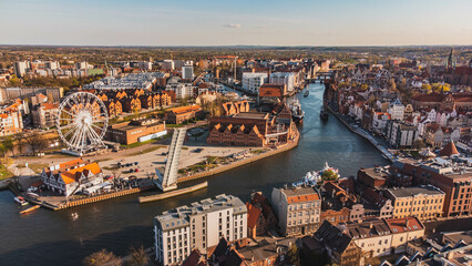 Amazing panorama of Gdańsk with visible church towers. - obrazy, fototapety, plakaty