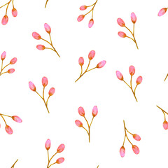 Watercolor pattern. pink bumps. Twigs and berries on a white background.