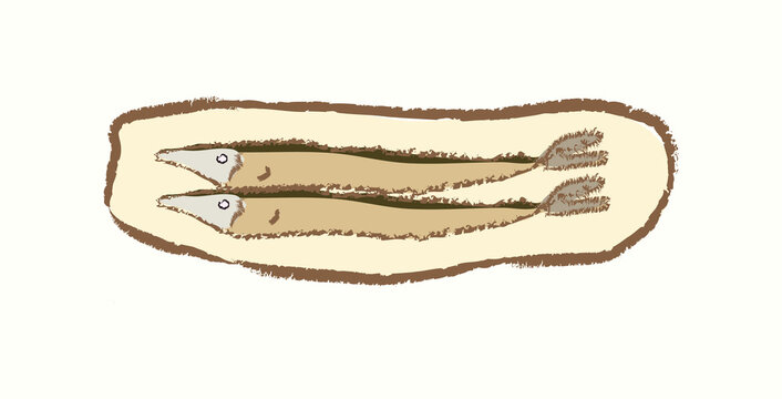 Cute fried pacific saury fish on a yellow plat in cartoonish vector flat illustration art design