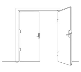 Hall with open front double door. Entrance to a room or office. Continuous line drawing, vector illustration.