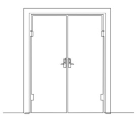 Hall with open front double door. Entrance to a room or office. Continuous line drawing, vector illustration.